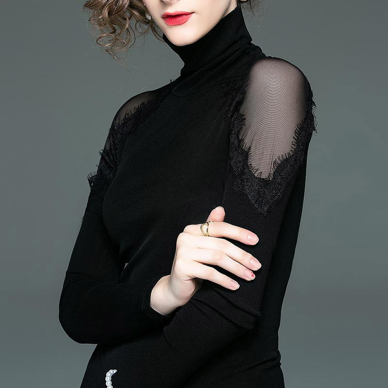 Women Spring Autumn Style Lace Blouses Shirts Lady Casual Turtleneck Off Shoulder Lace Blusas Tops DF3132 210225