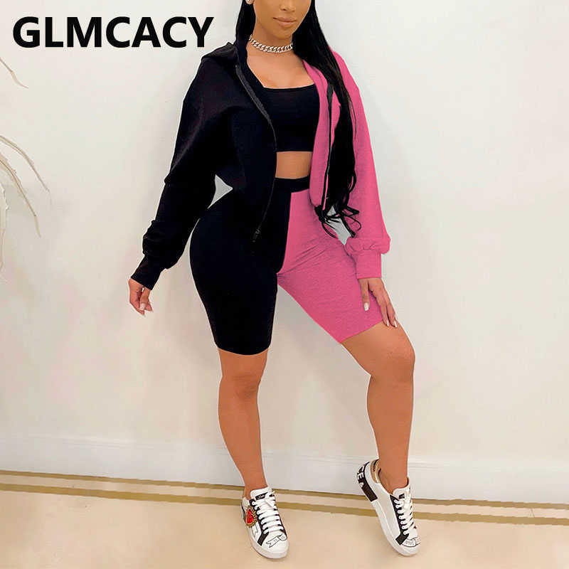 Three Pieces Sets Women Plus Size Long Sleeve Color Block Hoodies & Bodycon Shorts 210702