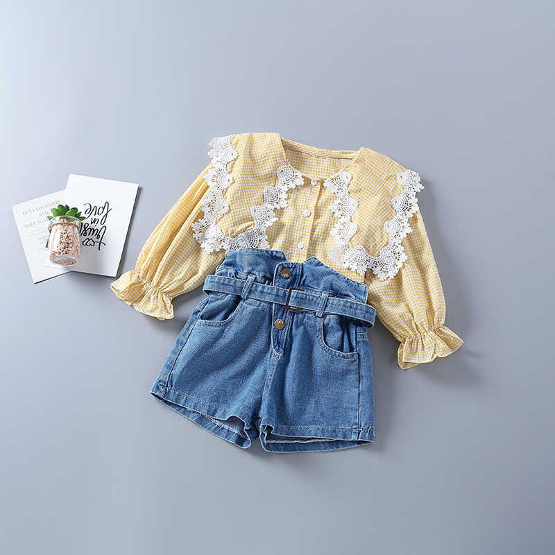 2-7 years high quality girl clothing set autumn fashion plaid pink yellow shirt + demin pant kid children clothes 210615