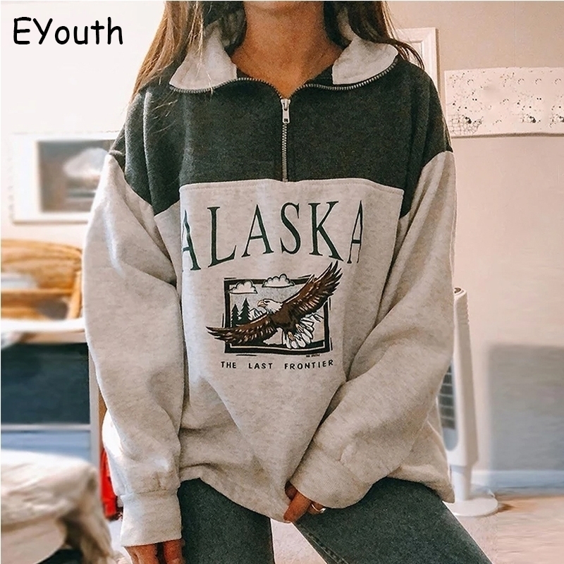 Fashion women's cotton Stand collar half zipper letter printing long sleeve sweatshirts Vintage Grey casual loose sweatshirt 200924