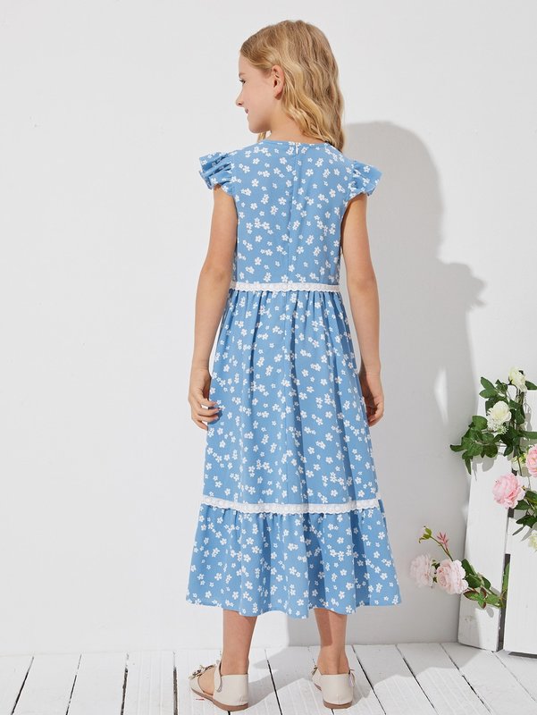 Girls Ruffle Trim Schiffy Detail Floral Dress SHE