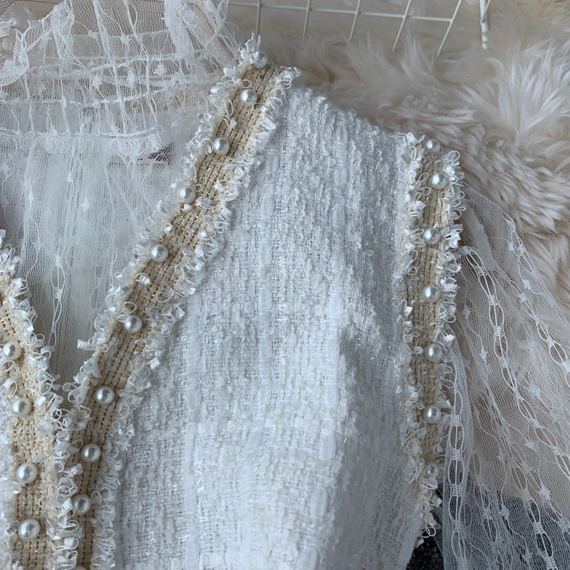 New design womens turtleneck gauze lace long sleeve shirt and v-neck beading tweed woolen a-line tank dress 2 pcs suit