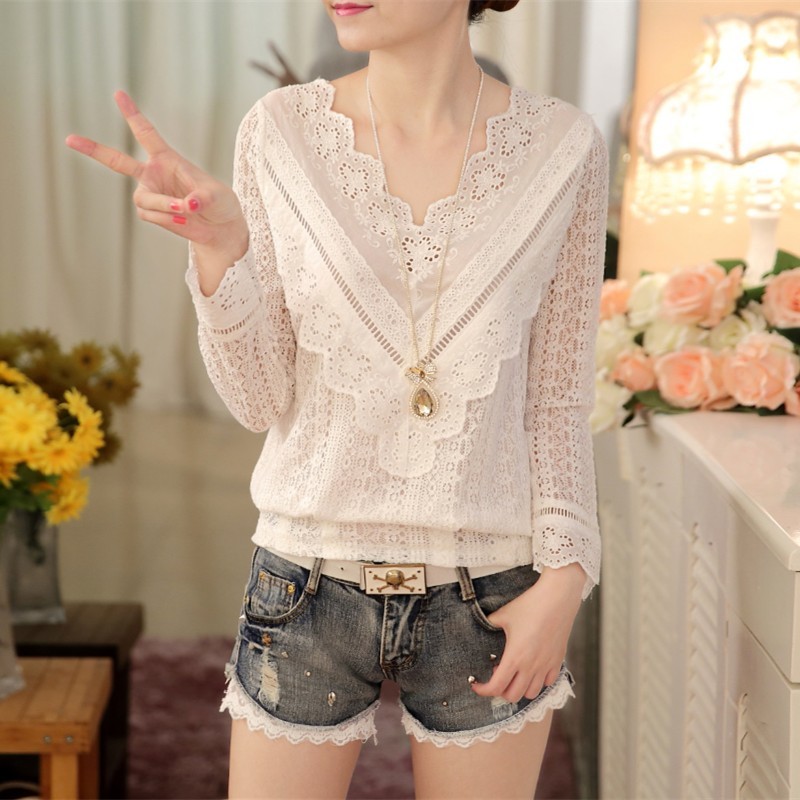 2021 New Hot Sale autumn Korean Fashion elegant lace Women Blouse V Neck Long Sleeve Slim Lace Feminina Shirt women tops 63C 30 210225