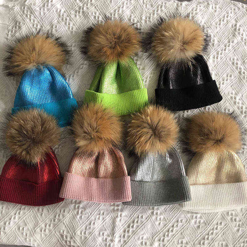 Wool Knitted Winter Hat For Kids Girls Boy Gold Silver Pink Black Metallic Print Beanie Real Fur Pompom 220105