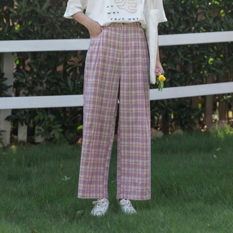 Casual Loose Elastic Waist Plaid Pants for Women Sweet Fresh All-match Wide Leg Trousers Fashion Office Lady Bottoms 210525