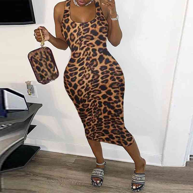 Sleeveless Leopard Bodycon Midi Dress Sexy Evening Party Club Dress 210702