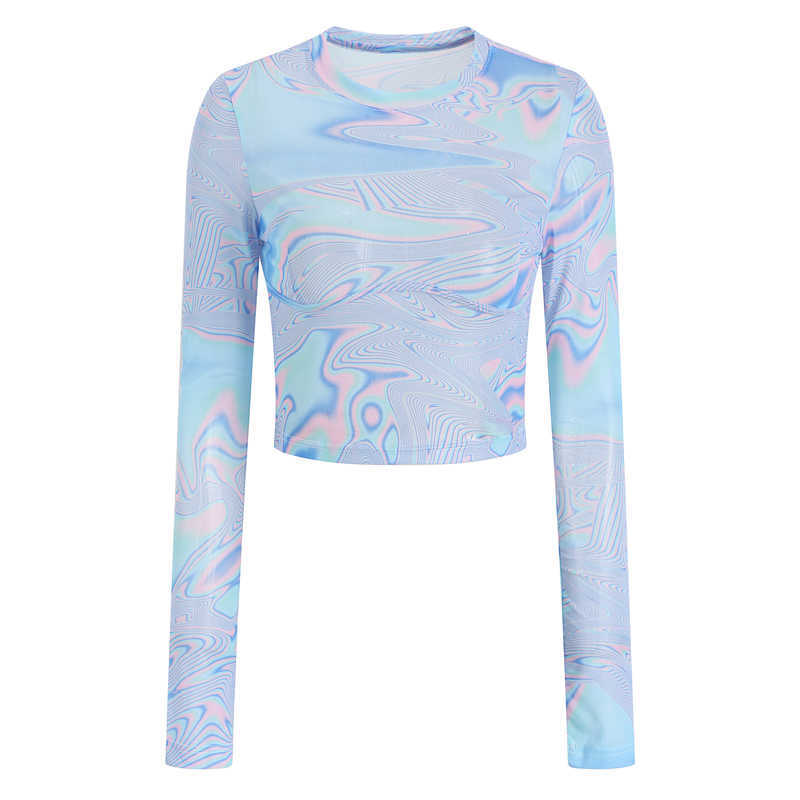 Yedinas Laser Color Tie Dye Crop Top Women Rainbow Gradient Long Sleeve T Shirts Futuristic Y2k Aesthetic Tops E Girl Dazzle Tee 210527