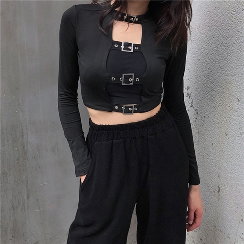 Sexy Women Crop Tops Hollow Out Buckle Long Sleeve Female Bodycon Tops Gothic Punk Black Tops Streetwear Party Lady Tee 210302