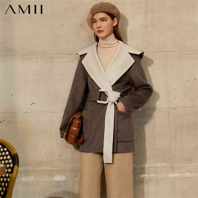 Minimalism Winter Coat Women Fashion Patchwork Lapel Belt Loose 100%wool Double-sided Woolen Female Jacket 12030528 210527