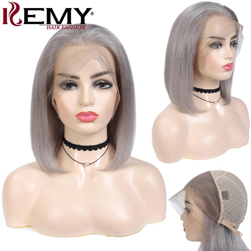 Grey Lace Front Human Hair Wigs 13X4 Brazilian Remy Straight Colored Sliver Gray Bob For Women Pre Plucked 150%