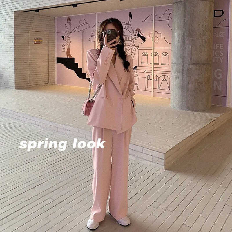 Bella Women Office White Suit Two-Piece Pantsuit Elegant Blazer Female Set Casual Loose Pants Jacket Work Clothes 211007