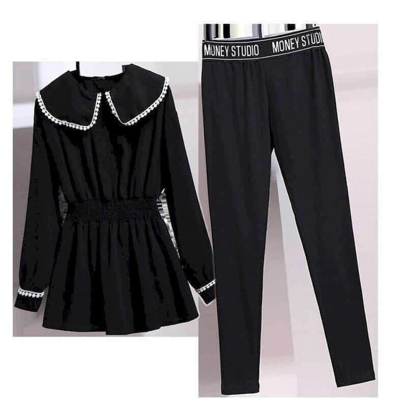 Dress top + casual pants autumn Korean age-reducing two-piece suit plus size women's fashion slim loose black sets 210526