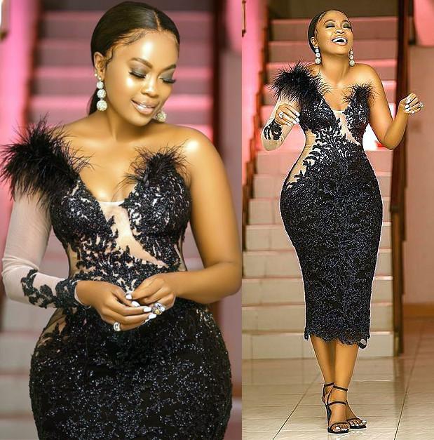 Little Black Dress Full Lace Beaded Luxury Tea-length Evening Cocktail Dresses 2022 Long Sleeve Arabic Aso Ebi Prom Gowns