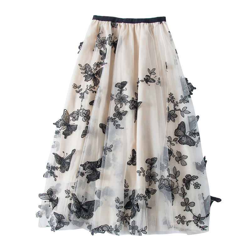 High quality Embroidery skirts womens Summer autumn vintage Ol elegant retro midi skirts women Butterfly Mesh Long Skirt 210306