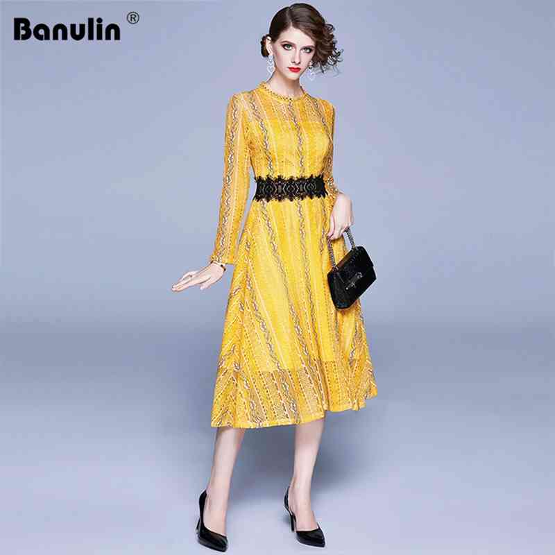 Banulin High Quality Fashion Designer Runway Dress Autumn Women Long Sleeve Lace Casual Office Lady Slim Midi 210603, Yellow
Banulin High Quality Fashion Designer Runway Dress Autumn Women Long Sleeve Lace Casual Office Lady Slim Midi 210603, Yellow
