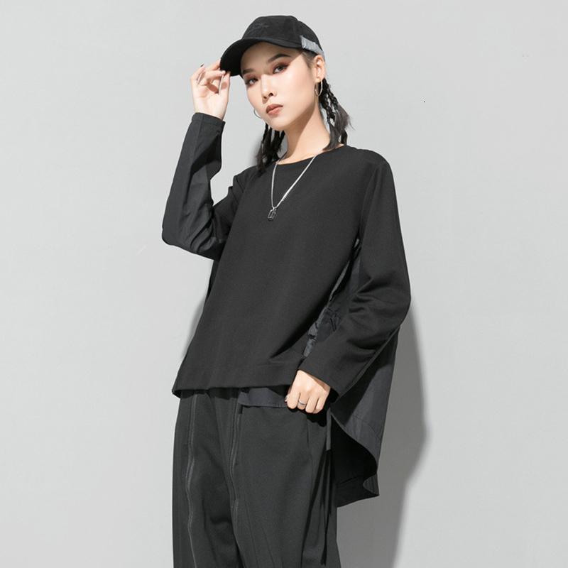 [EAM] Loose Fit Black Back Long Oversized Sweatshirt New Round Neck Long Sleeve Women Big Size Fashion Spring Autumn LJ201130