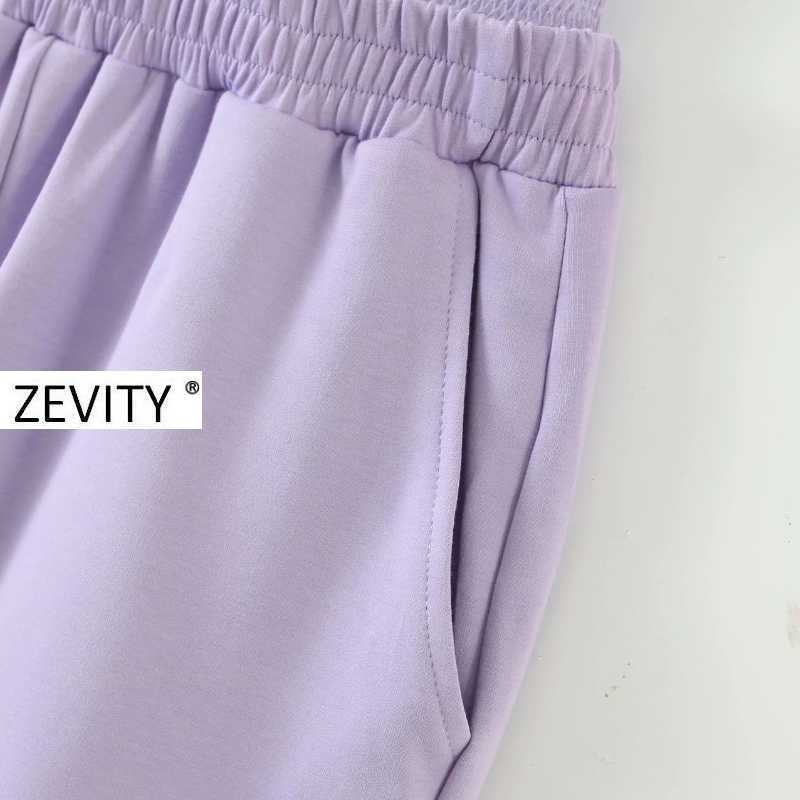 Zevity Women fashion mesh stitching purple color straight pants femme elastic waist leisure Trousers chic pockets pants P896 210603