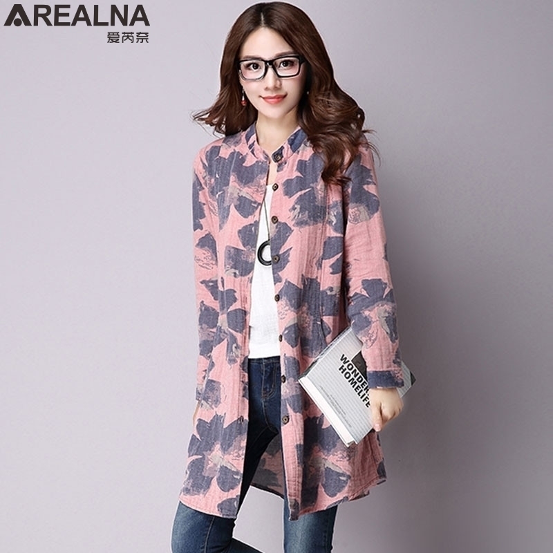 Arealna Ladies Long Tops Women Autumn Fashion Floral Cotton Linen Blouse Women Long Sleeve Shirts Plus Size Korean Vintage Tunic T200319