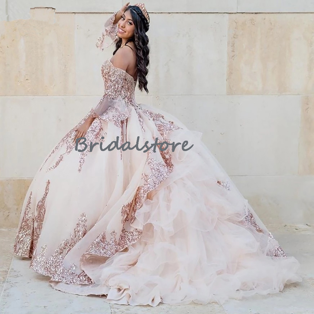Rose Gold Sequin Quinceanera Dresses Vestidos De 15 Anos Princess Plus Size Masquerade Prom Gowns Sweet 15 Birthday Party Skirt With Detachable Sleeve