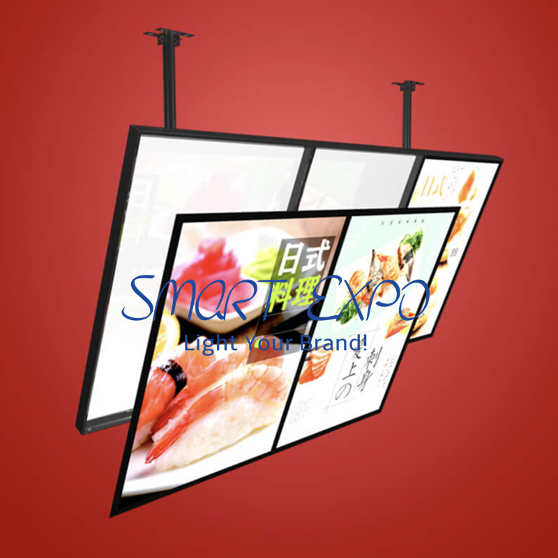 Restaurant Menu Board Displaying Light Box Row Advertising Display for Wall or Ceiling Hang With 3pcs Lightbox Units Wooden Case Packing (60x120cm)