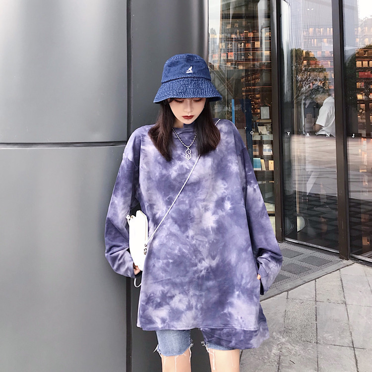 Harajuku Women shirt Streetwear Korean Style Loose Tie-dye hoodies Red Purple Blue O- neck Hip hop hoosies Femal Personality T200525
