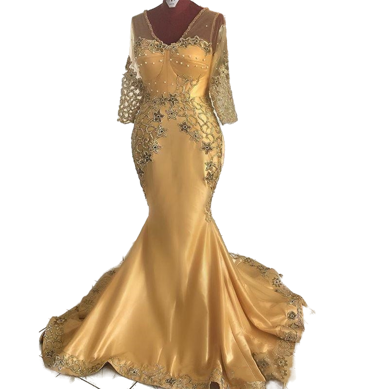 Elegant V-Neck Gold Mermaid Formal Evening Dresses For Women Appliques Lace Beaded Pearls Long Celebrity Party Gowns African Trumpet Prom Dress 2022 r