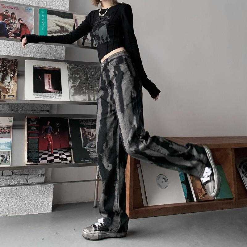 Yedinas Tie Dye Denim Pants Women Wide Leg Jeans High Waist Black Gothic Trousers Jean Boyfriend Femme 90s Streetwear 210527