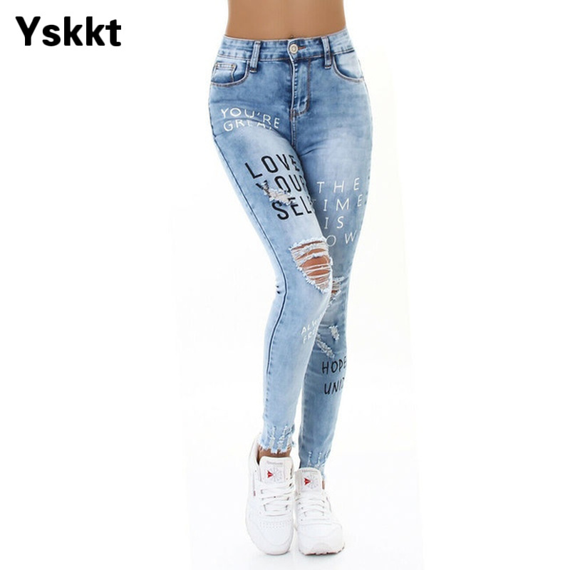 Jeans Woman High Waisted Straight Skinny Stretchy Pant Streetwear Women Letter Print Hole Washed Denim Pencil Pants Trousers 210222