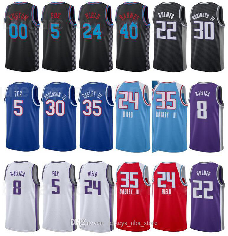 City Earned Edition Printed Basketball DeAaron Fox Jersey 5 Harrison Barnes 40 Marvin Bagley III 35 Tyrese Haliburton 0 Purple Black White