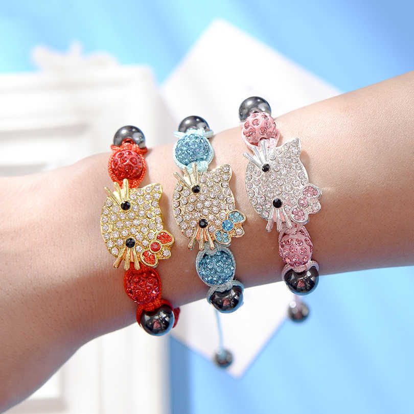 Handmade Cute Children Silver Cat Kids Girls Boys Crystal Beads Connected Braid Charm Bracelets Jewelry 20 Pcs Mix Wholesale