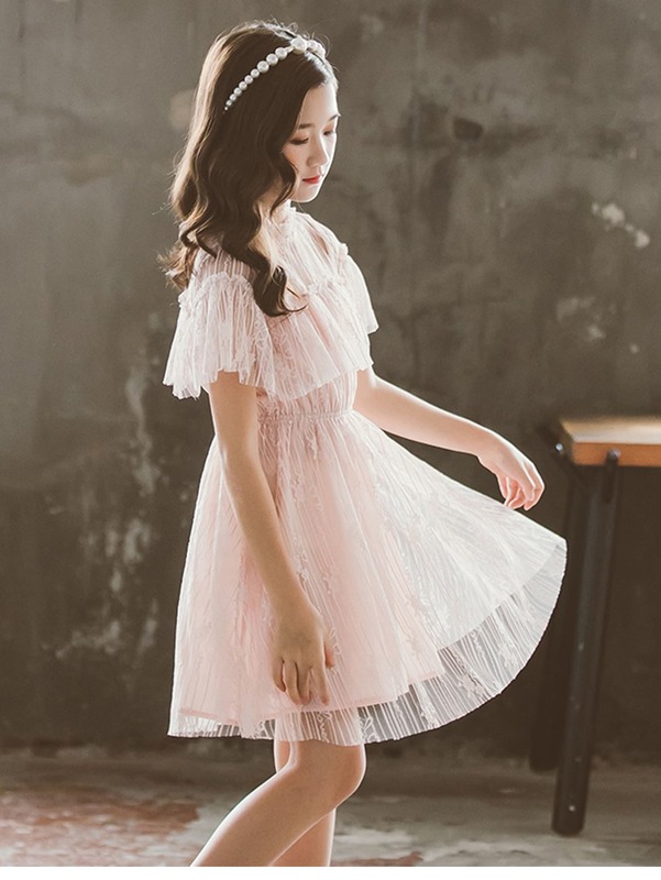 Girls Ruffle Neck Mesh Flared Dress SHE