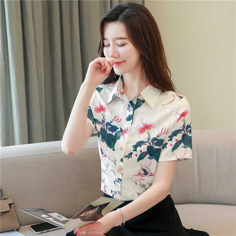 Korean Silk Shirts Women Satin Print Blouse Shirt Office Lady Floral Blouses Tops Plus Size Blusas Mujer De Moda 210531