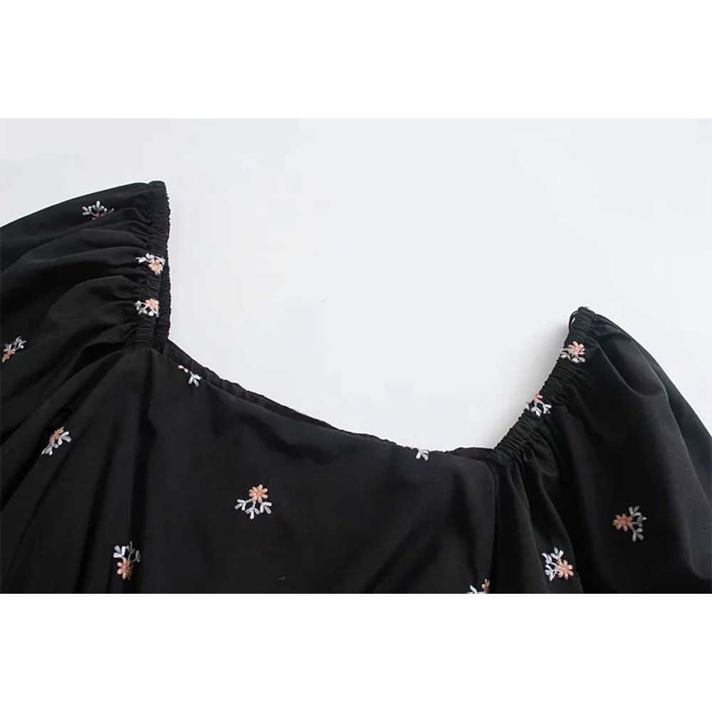 Women Dress Floral Embroidery Square Neckline Midi dress Puff Sleeves elegant Vintage Casual Woman Dresses 210709