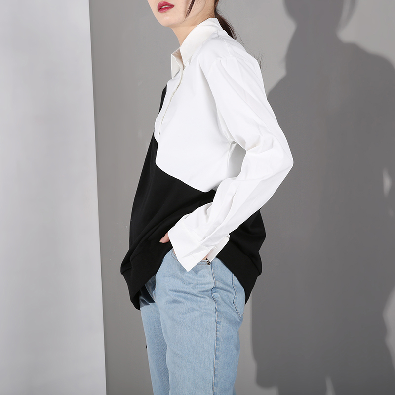 [EAM] Loose Fit Black Contrast Color Irregular Sweatshirt New Lapel Long Sleeve Women Big Size Fashion Tide Spring LJ201130