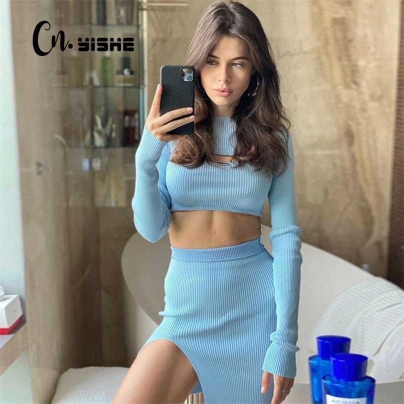 CNYISHE Fashion Casual Two Piece Set Top And Skirts 's Tracksuit Sexy Hollow Out Bodycon Lounge Female Overalls 211106