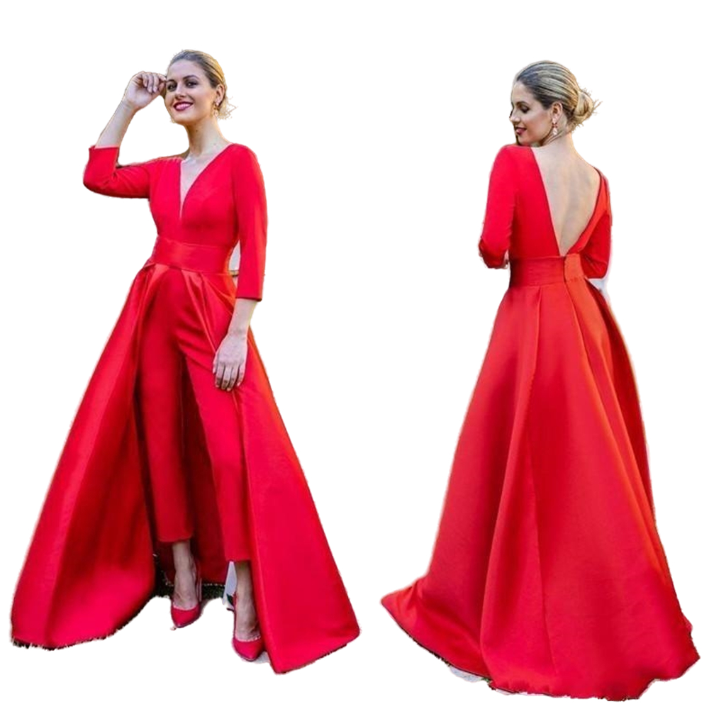 Women Red Jumpsuits Elegant Formal Evening Dresses With Detachable Train 2022 Stain V Neck Long Sleeve Outfit Arabic Prom Gowns Pant Suits Special Occ
