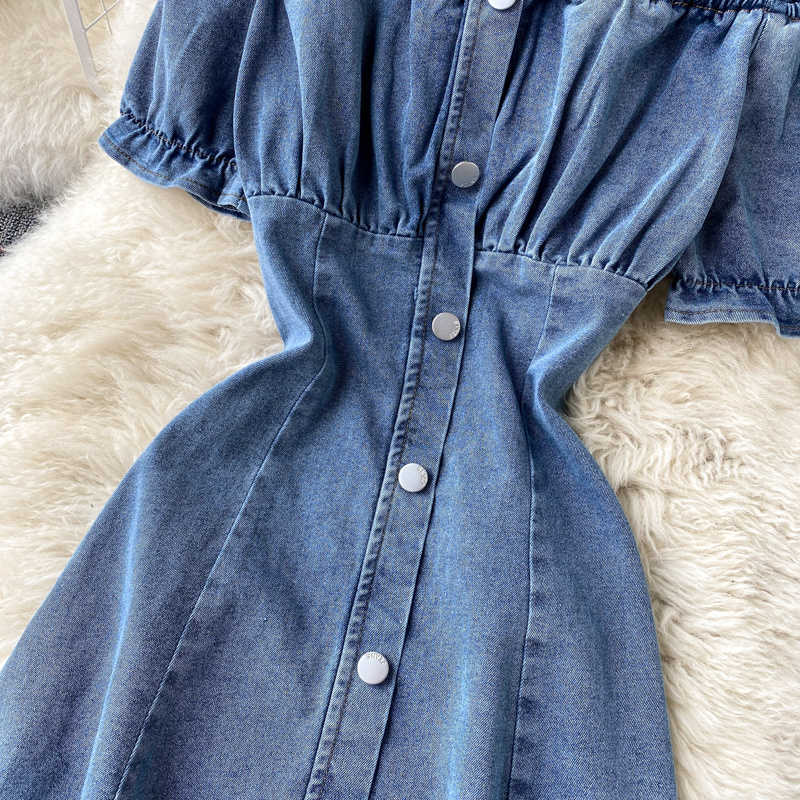 DEAT Women Denim Dress Slash Neck Short Sleeve Arrivals Lady Sexy Temperament Fashion Spring Summer 11B604 210709