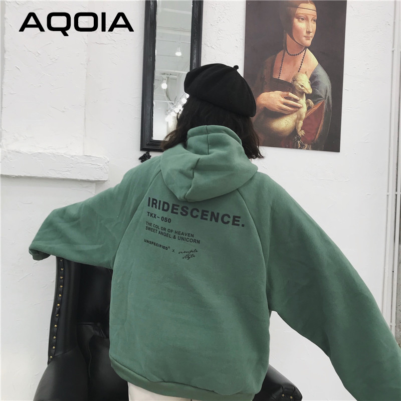 AQOIA Hoodies Women Thicker Plus Velvet Pocket Warm Soft Hooded Letter Printed Simple Loose Womens Trendy Sweatshirt Winter 201204
