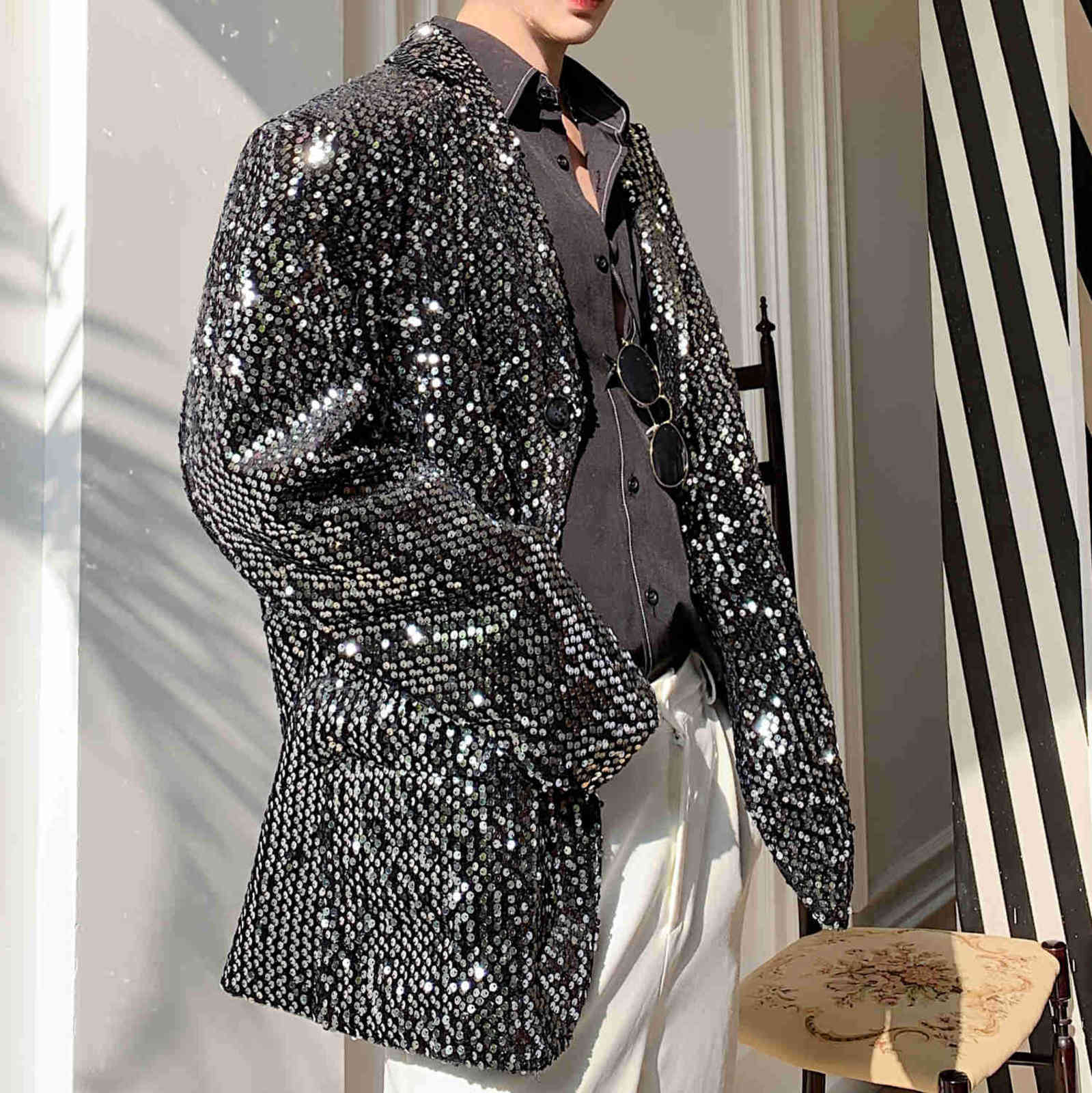 Sequin Blazer Hombre Stage Show Blazer Jacket Outerwear Men Sequins Casual Suit Jacket Overcoat Male Silver Paillette Blazer 211120