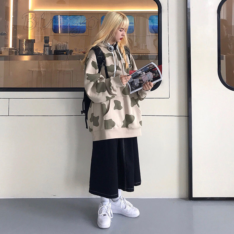 Cute Dairy Cow Print Women Oversized Hoodies Autumn Warm Pocket Hooded Sweatshirt Casual Loose Print Winter Pullover Ladies 201211
