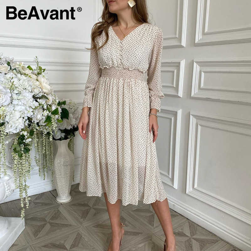 Beavent Casual flare sleeve dress women Elegant V-neck polka dot print dress High waist A-Line holiday female midi dress vestido 210709