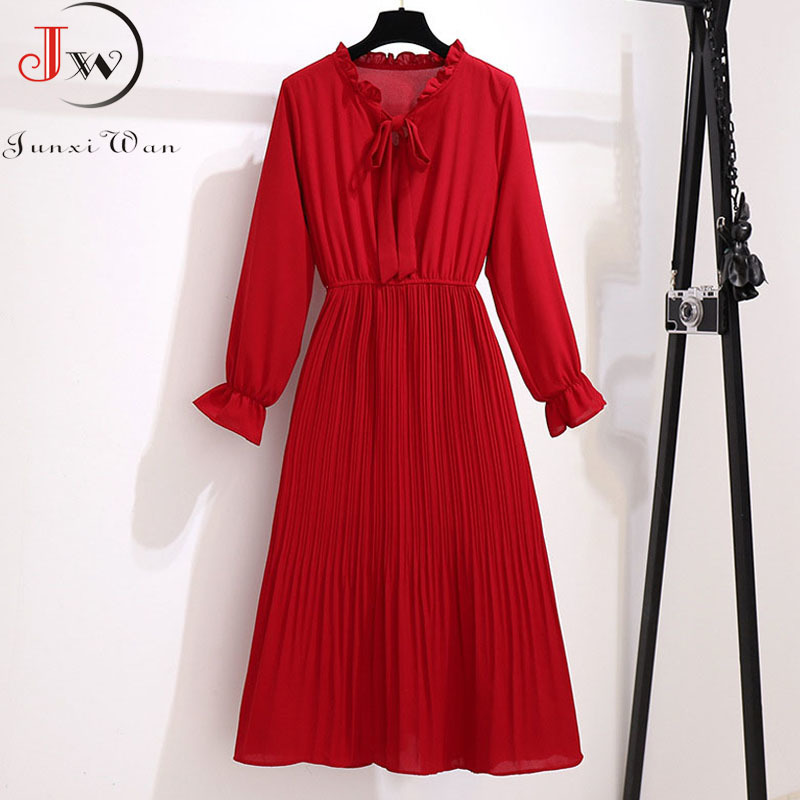 Solid Color Long Women Dress Vintage Elegant Bow Collar Shirt Dress Ladies Long Sleeve Autumn Winter Casual Dresses 210309