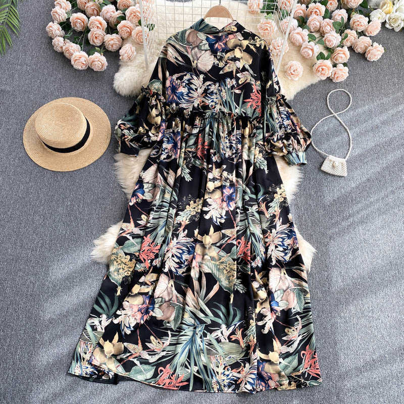 DEAT Women Printing Dress Lapel Long Sleeve Arrivals Lady Temperament Fashion Spring Autumn 11D2012 210709