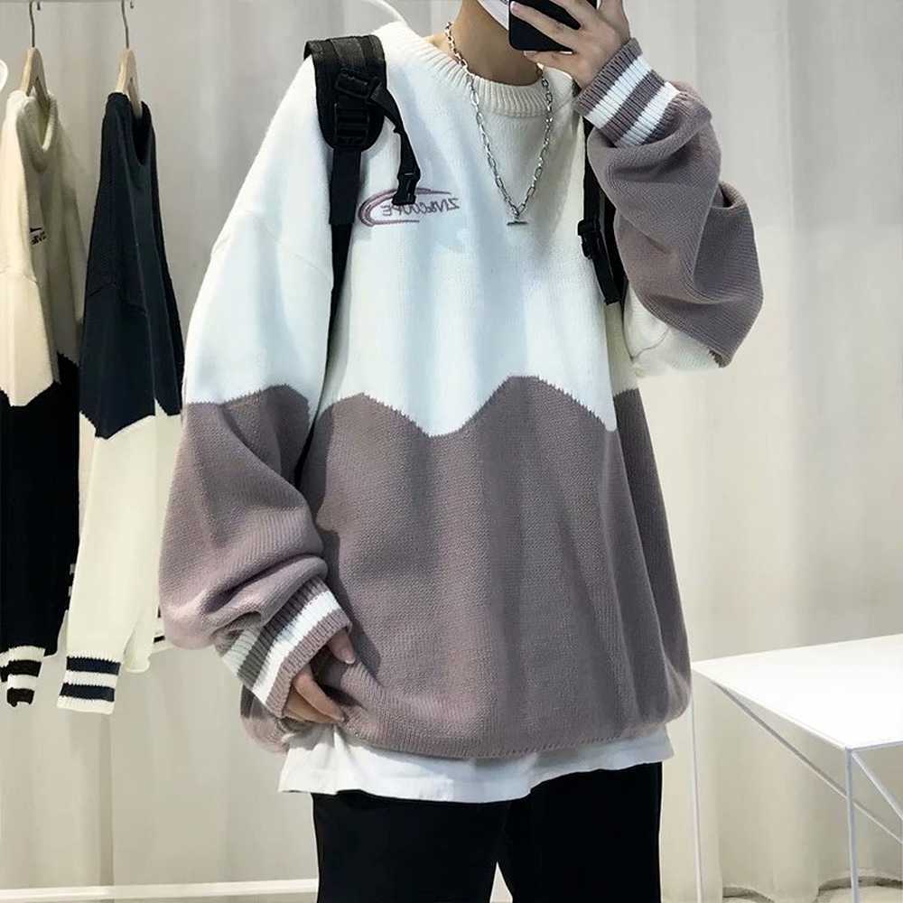 Men Crew Neck Sweaters Oversized Sweater Patchwork Pattern Korean Fashion Streetwear Autumn Winter Clothes For Men Loose Fit Y0907