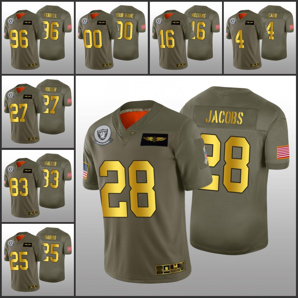 Las VegasRaidersMen #28 Josh Jacobs 4 Derek Carr 16 Tyrell Williams Custom Women Youth Golden Salute to Service Jersey, Black
Las VegasRaidersMen #28 Josh Jacobs 4 Derek Carr 16 Tyrell Williams Custom Women Youth Golden Salute to Service Jersey, Black