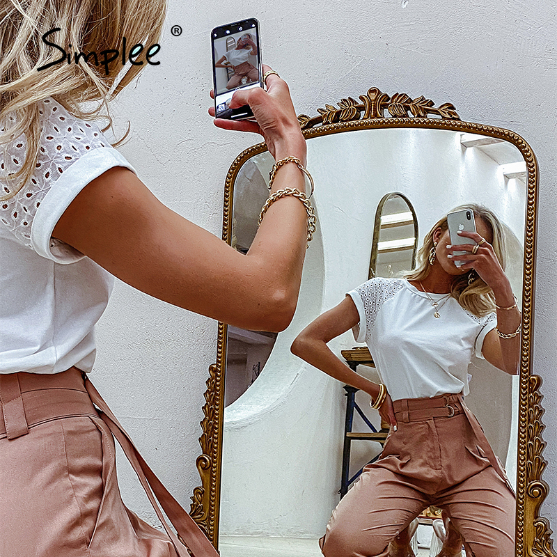 Simplee Casual solid Lace stitching cotton women T-shirt summer Hollow out sleeves o-neck female tops leisure Basic T-shirt new 210306