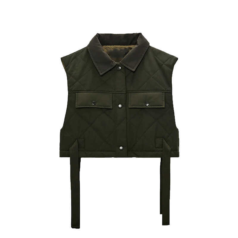 Stylish Chic Green Pocekts Quilting Cropped Vests Women Fashion Side Buttons Tie Turn-down Collar Waistcoat 211008