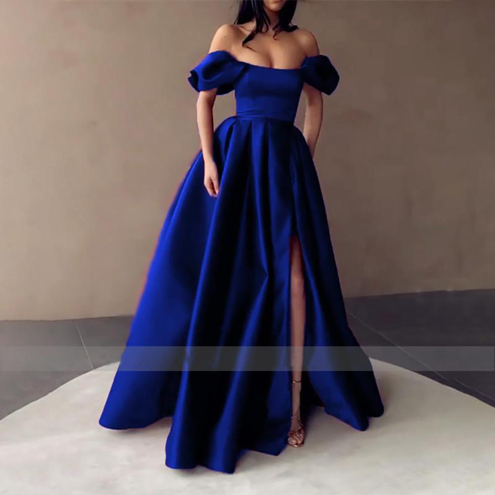Royal Blue Satin Prom Dresses Strapless Off The Shoulder Split Evening Dress Pleated A Line Long Formal Gowns