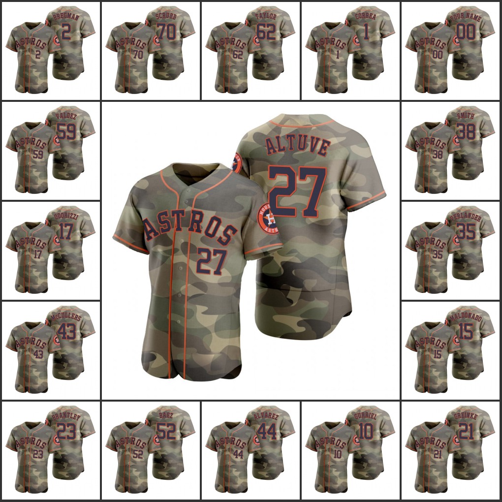 

Houston' Astros Men Women Youth #35 Justin Verlander 44 Yordan Alvarez 27 Jose Altuve 2 Alex Bregman 1 Carlos Correa Custom Camo Authentic Armed Forces Day Jersey