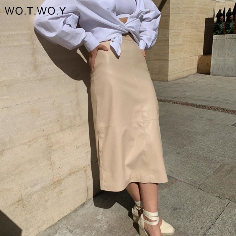 WOTWOY Elegant High-Waist Leather Skirt Women Solid Mid-Calf Women's Skirt Autumn Office Lady Straight Slim Fit Skirt Femme 210303